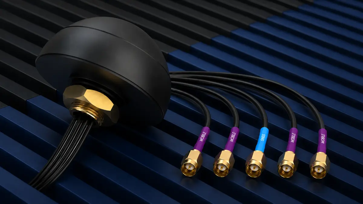 Antena multibanda negra con cinco cables SMA sobre fondo oscuro