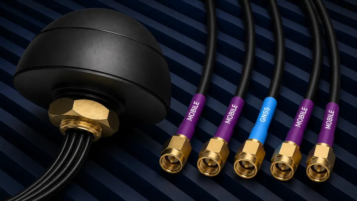 Primer plano de la antena multibanda y las marcas de color de los cables SMA