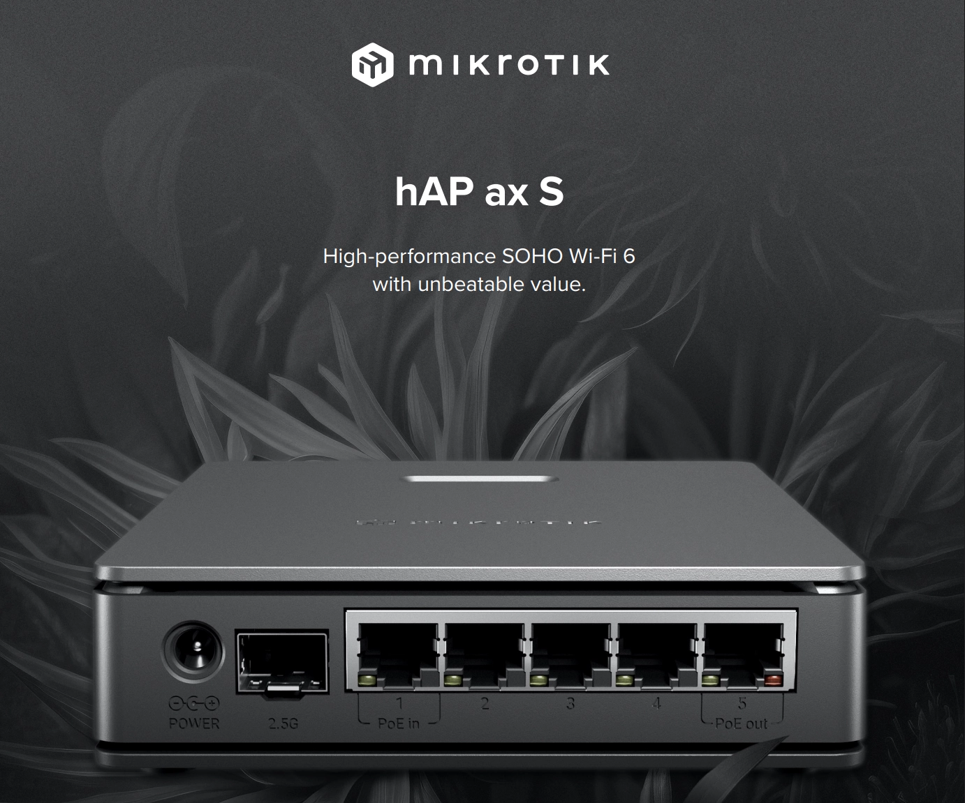 Mikrotik hAP ax S na tmavém pozadí, zařízení s označením