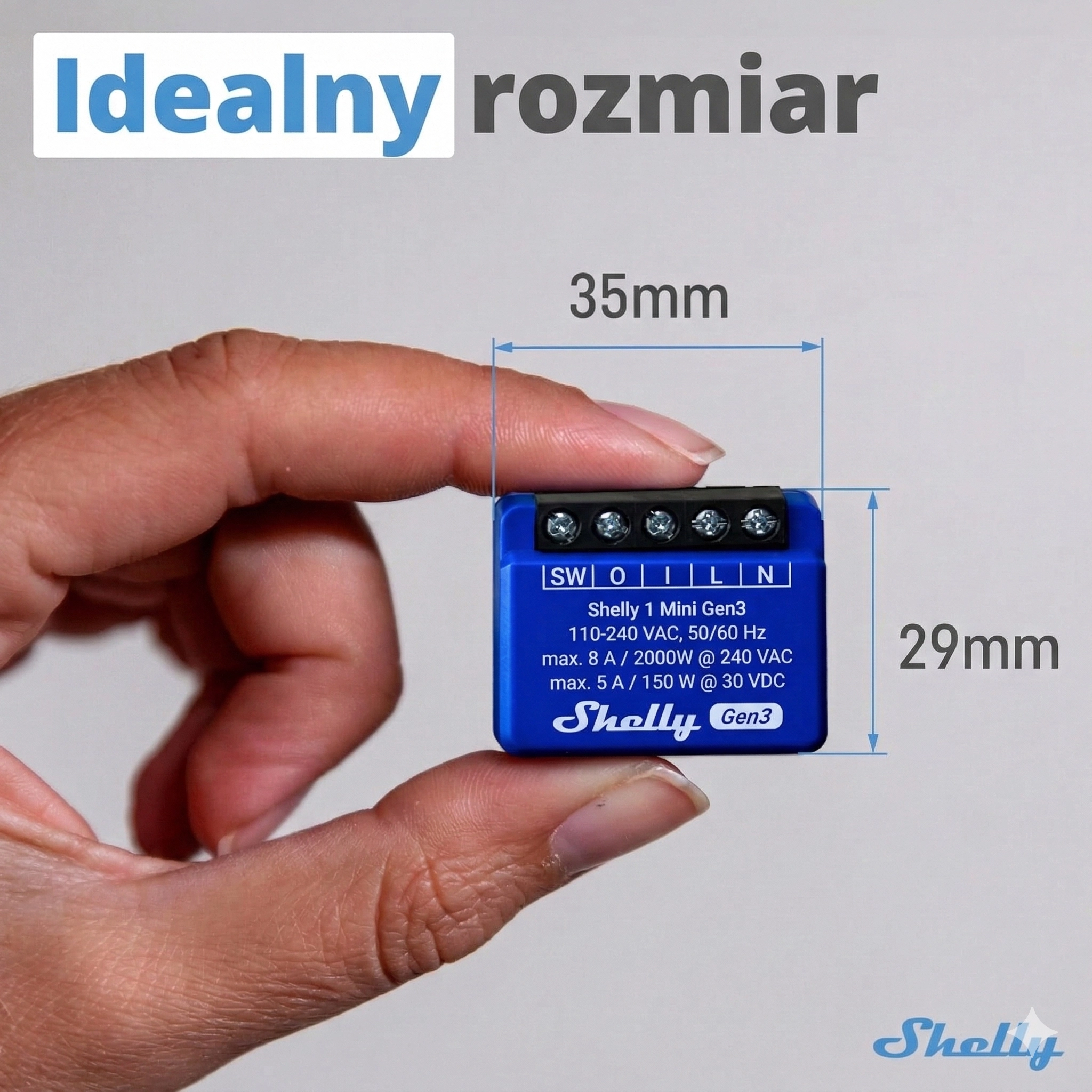 Shelly 1 Mini Gen3 porównanie rozmiaru i zasięg