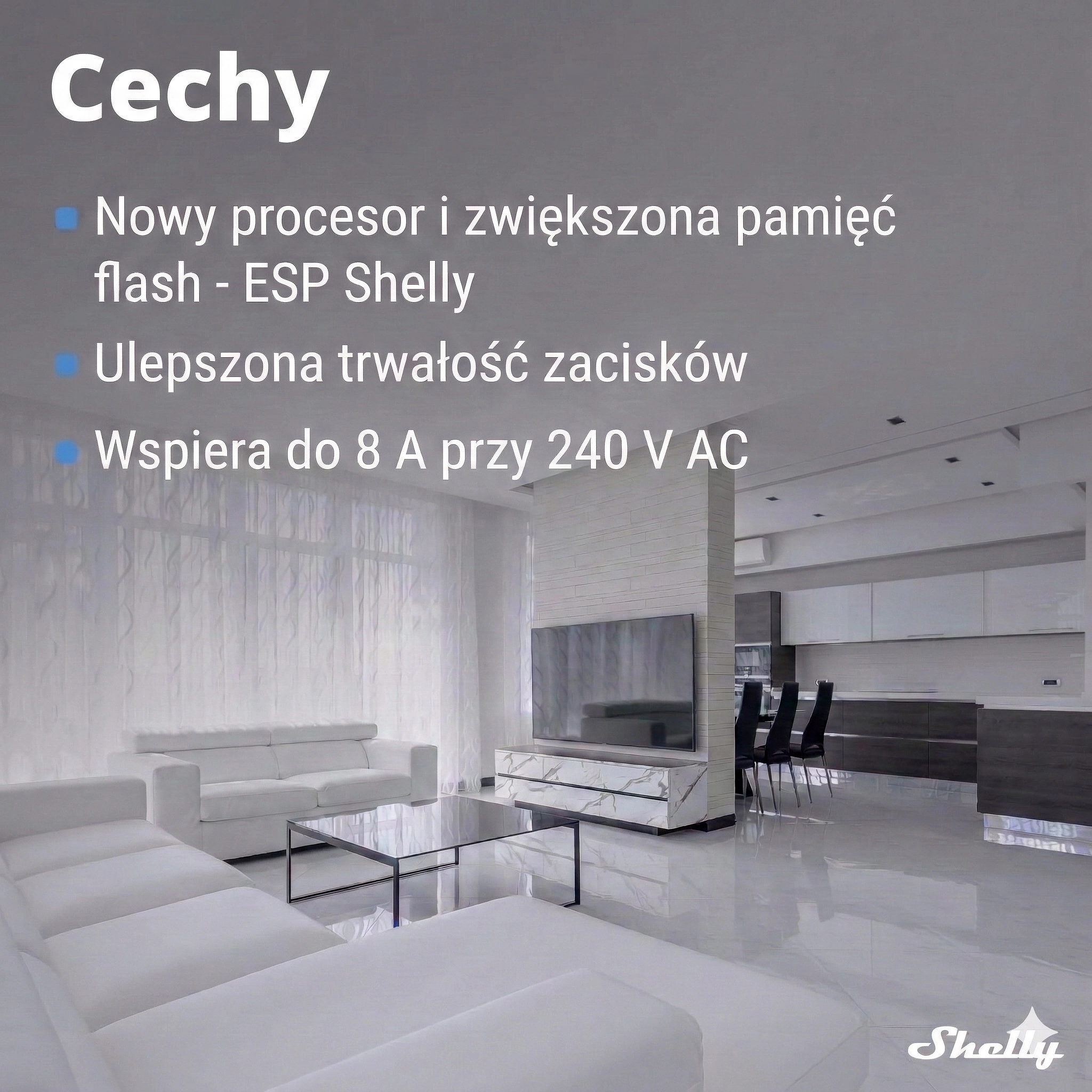 Jasny pokój gościnny z białą kanapą i kuchnią w tle