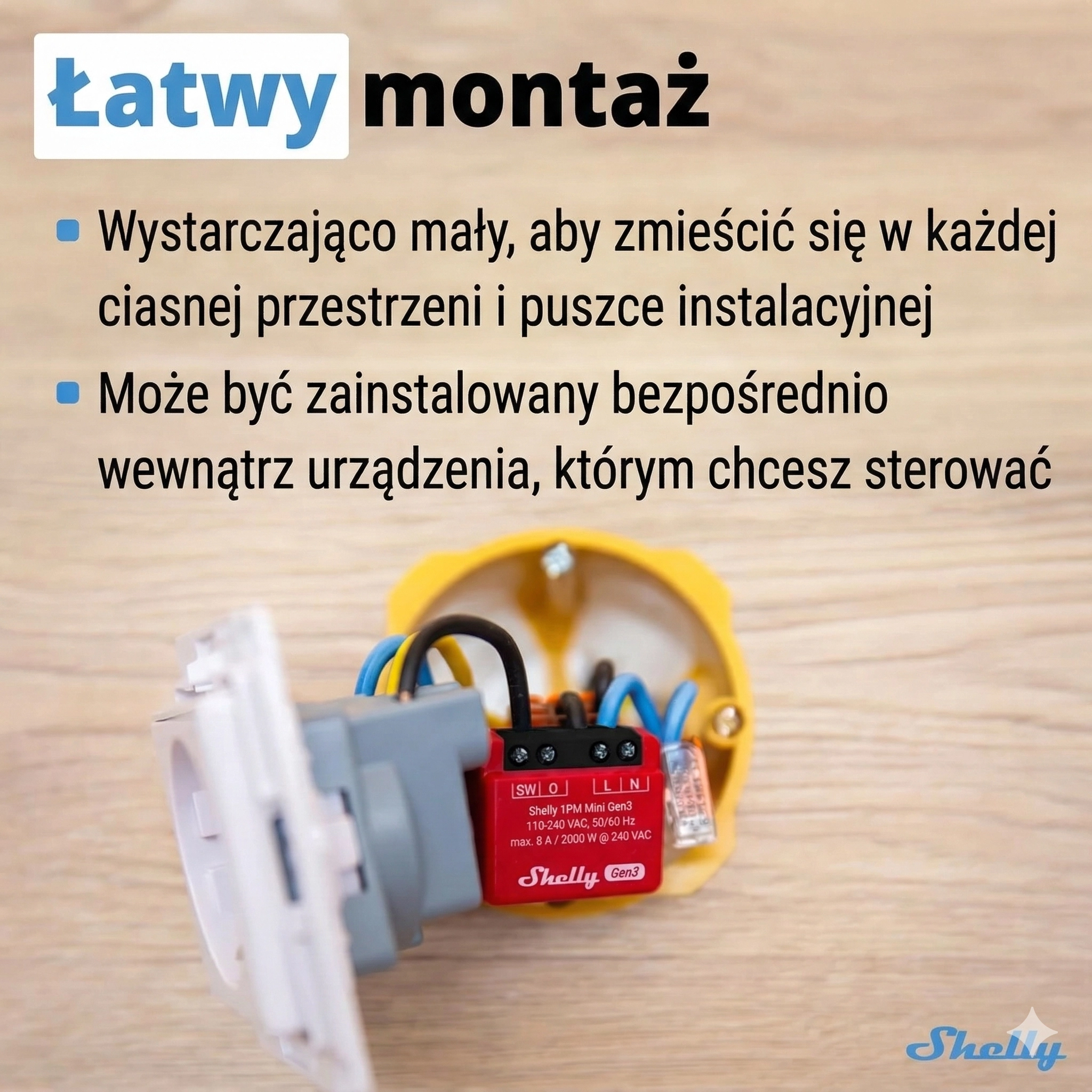 Mały moduł elektryczny w puszce instalacyjnej z podłączonymi przewodami, łatwy do umieszczenia w ciasnej przestrzeni