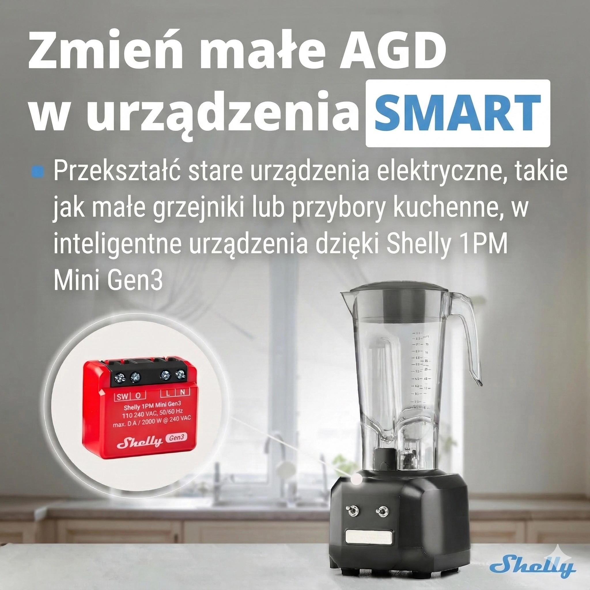 Shelly 1PM Mini z zamontowaną instalacją w tle, ukazujący sposób montażu w urządzeniu