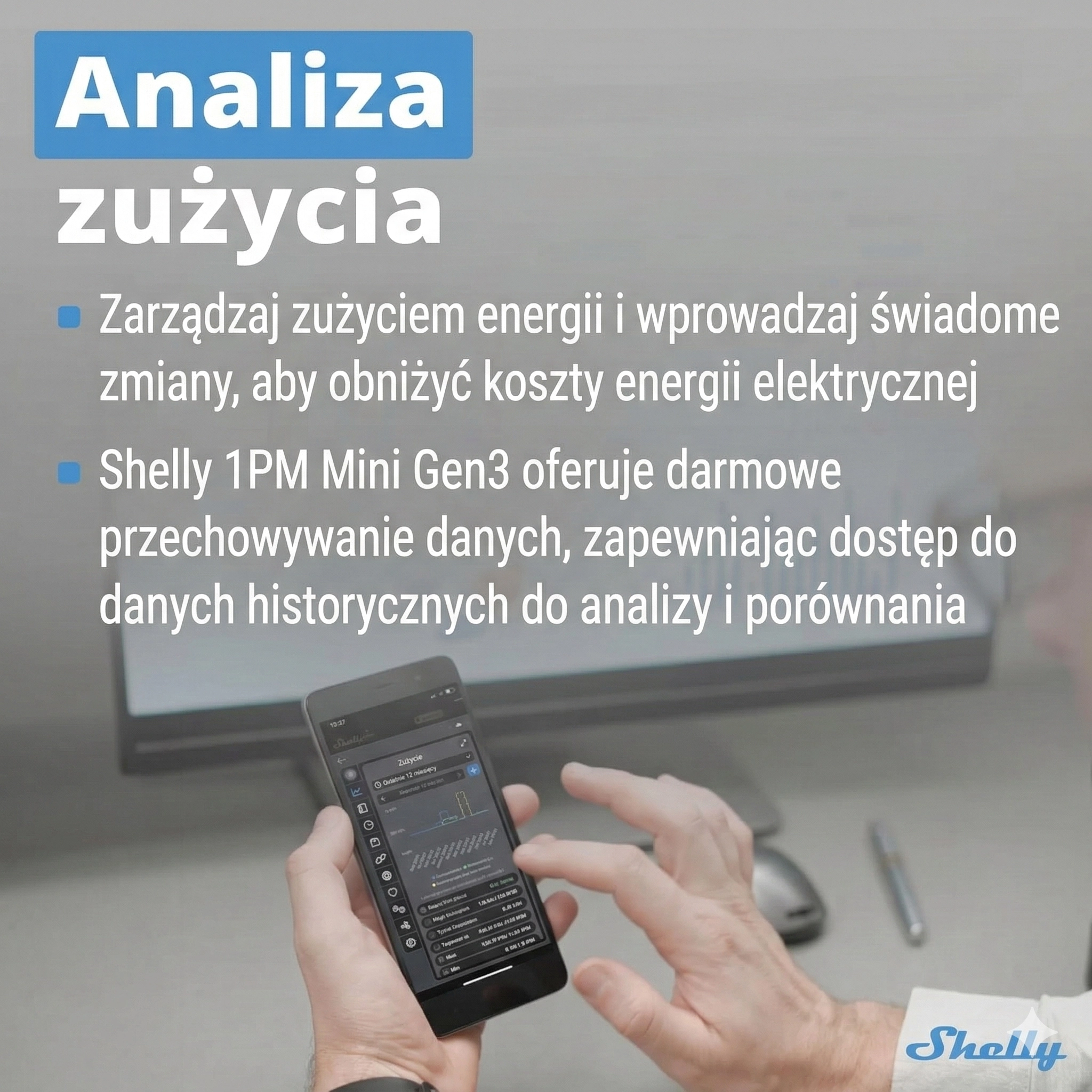 Pokazany ekran aplikacji na telefonie, kontrolujący zużycie energii, z możliwością analizy danych