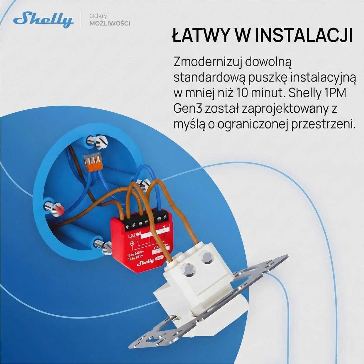 Widać montaż Shelly 1PM Gen3 w puszce instalacyjnej