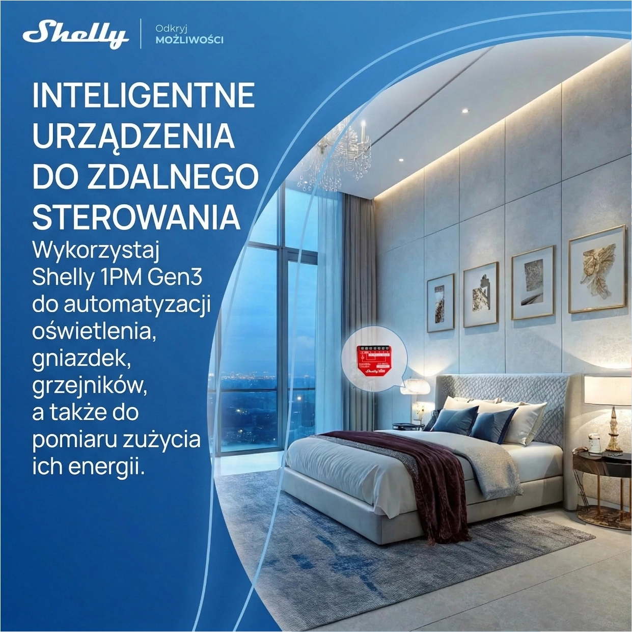 W sypialni z oknem widać połączenie Shelly 1PM Gen3 z systemem do zdalnego sterowania oświetleniem i urządzeniami