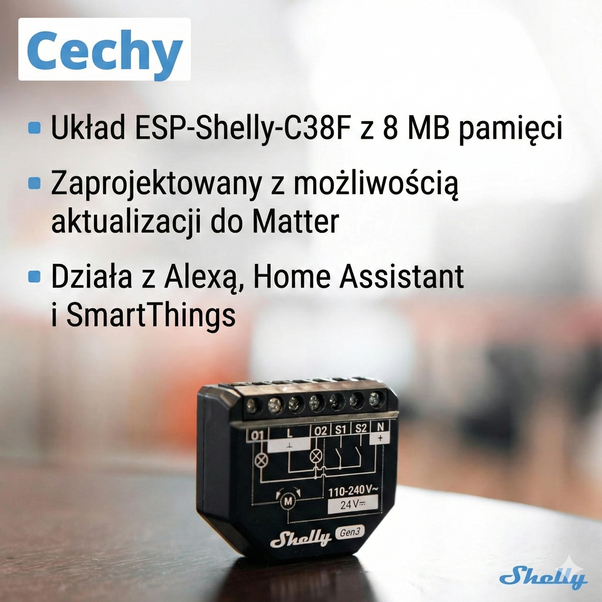 Widok modułu Shelly 2PM Gen3 z widocznymi portami