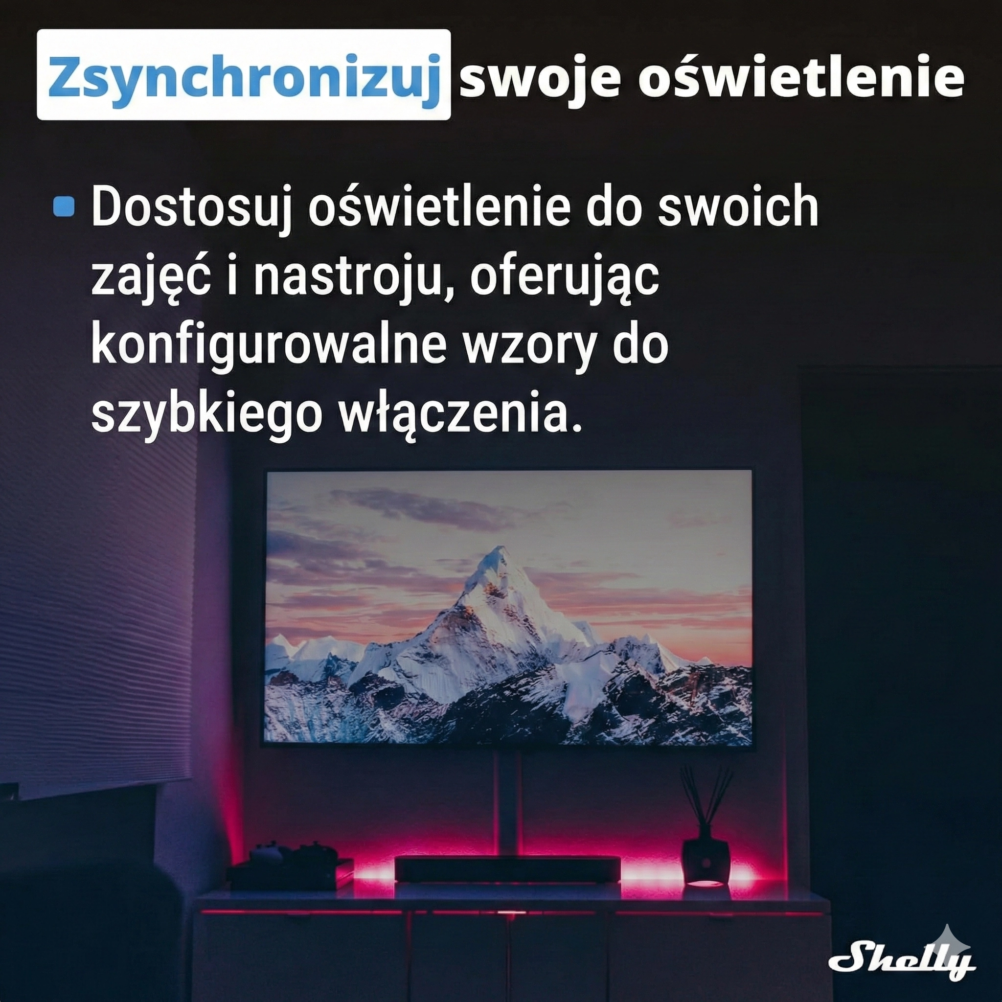 Wnętrze z ciemnym oświetleniem, pokazujące telewizor z górską scenerią na ekranie, z oświetleniem LED w tle