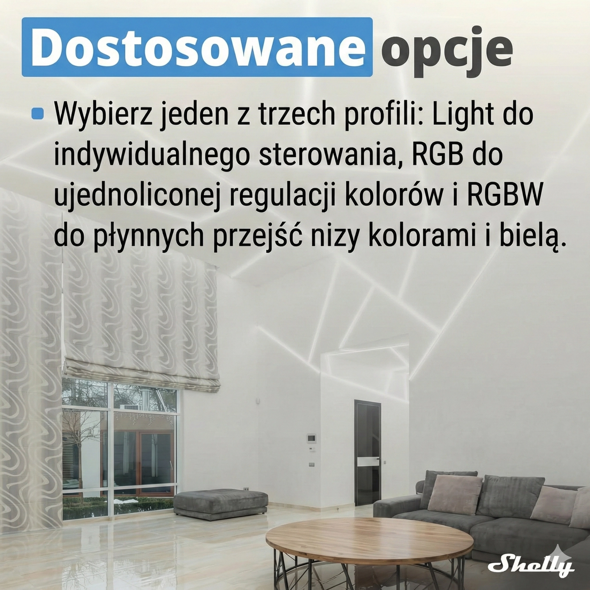 Nowoczesne wnętrze z jasnym sufitem, dekoracyjnym oświetleniem LED