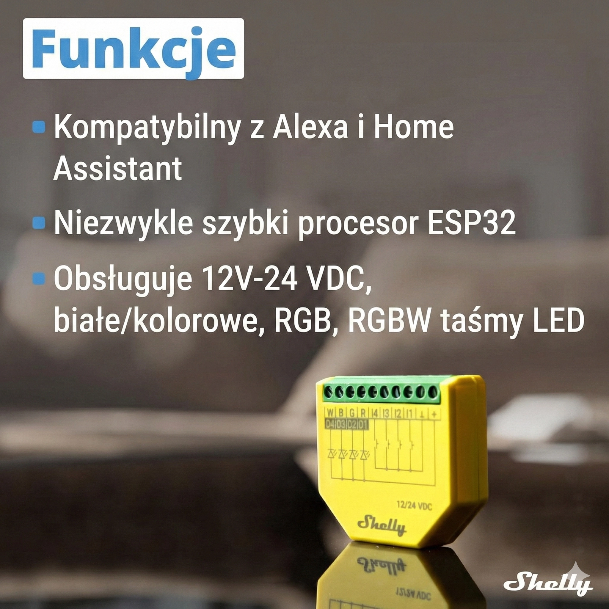 Zbliżenie na żółty moduł z oznaczeniami wejść, zintegrowany z systemem Alexa i Home Assistant