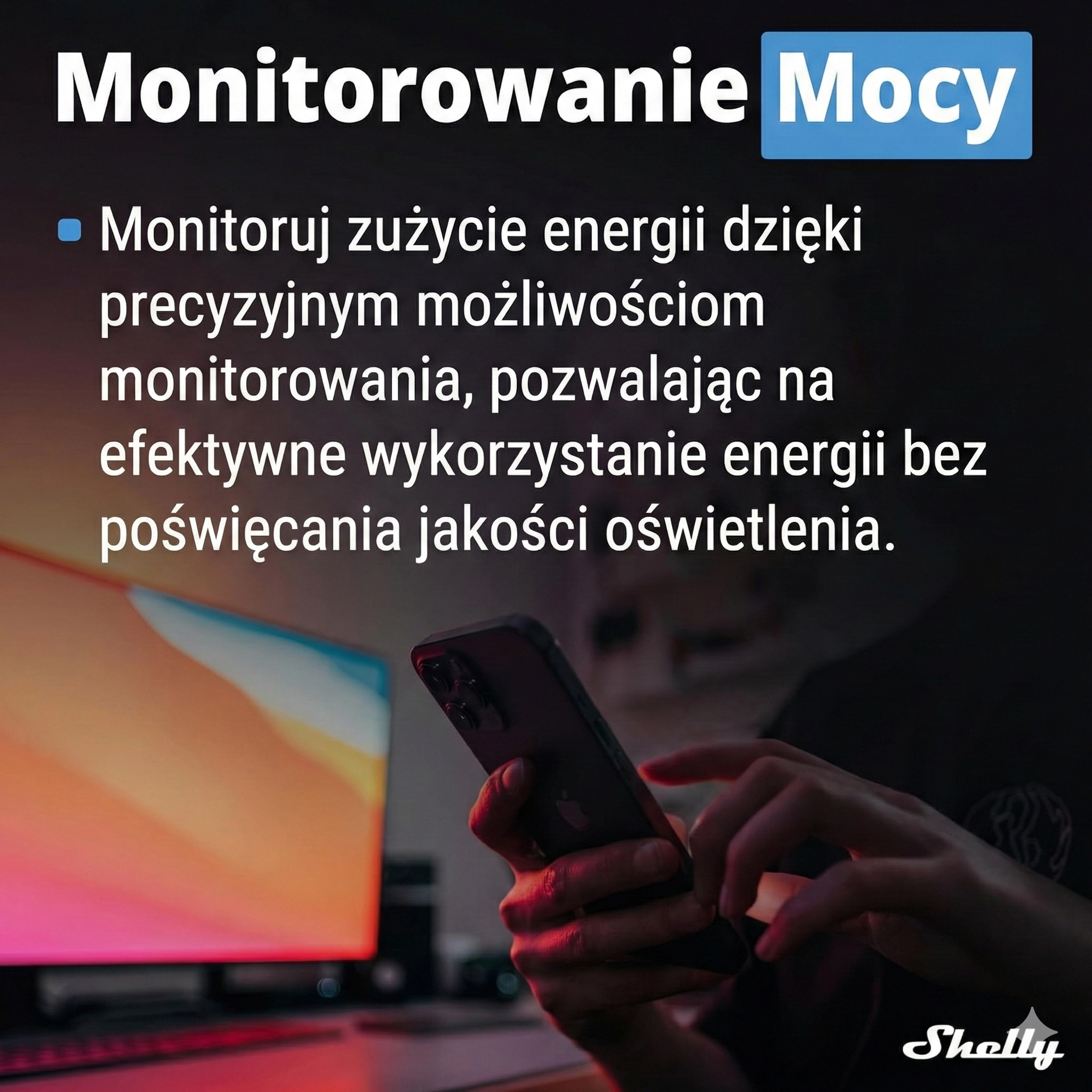 Osoba trzymająca telefon, monitorująca zużycie energii na ekranie telefonu, z oświetleniem LED w tle