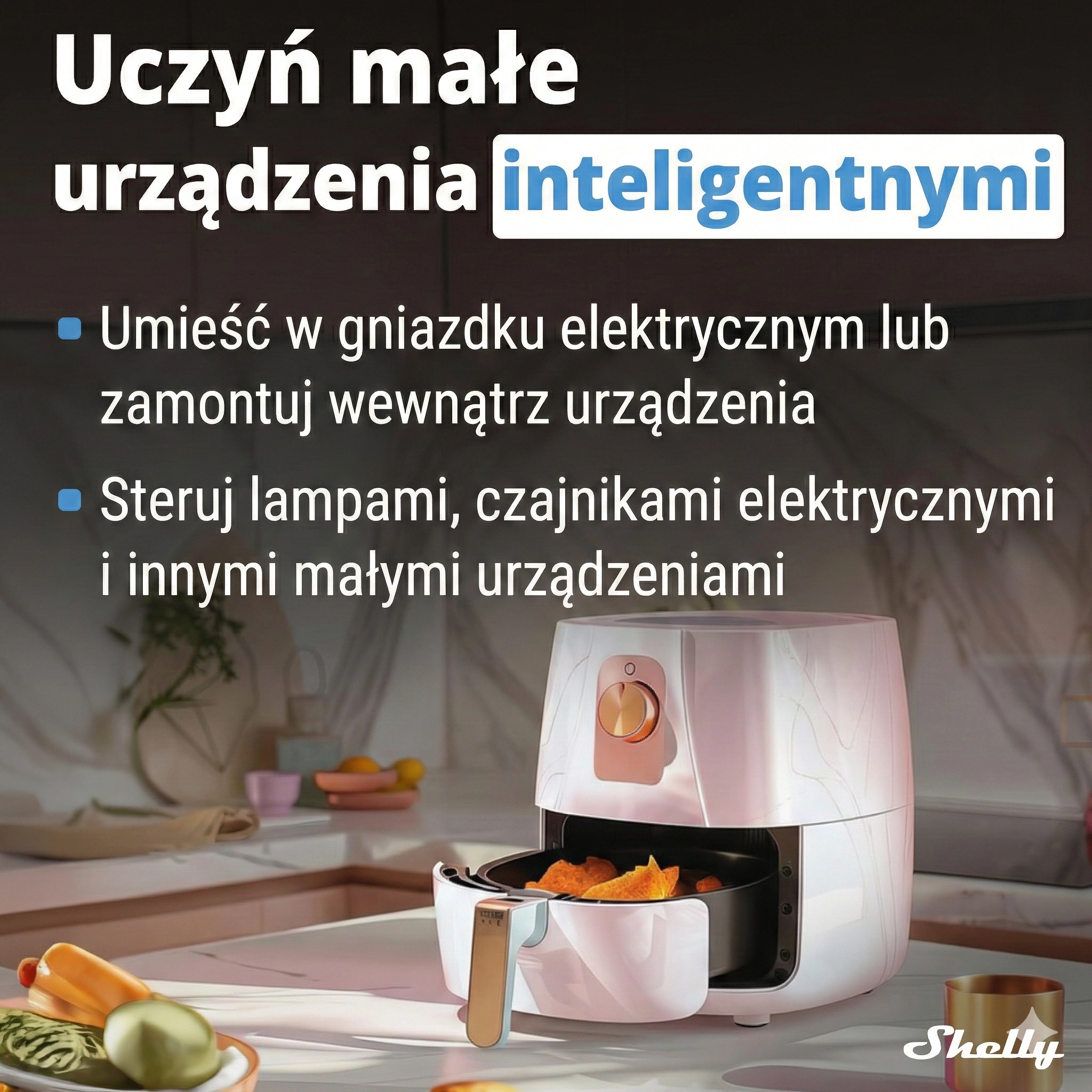 Nowoczesne urządzenie w kuchni, w tym frytkownica bezolejowa na tle różnych owoców i warzyw