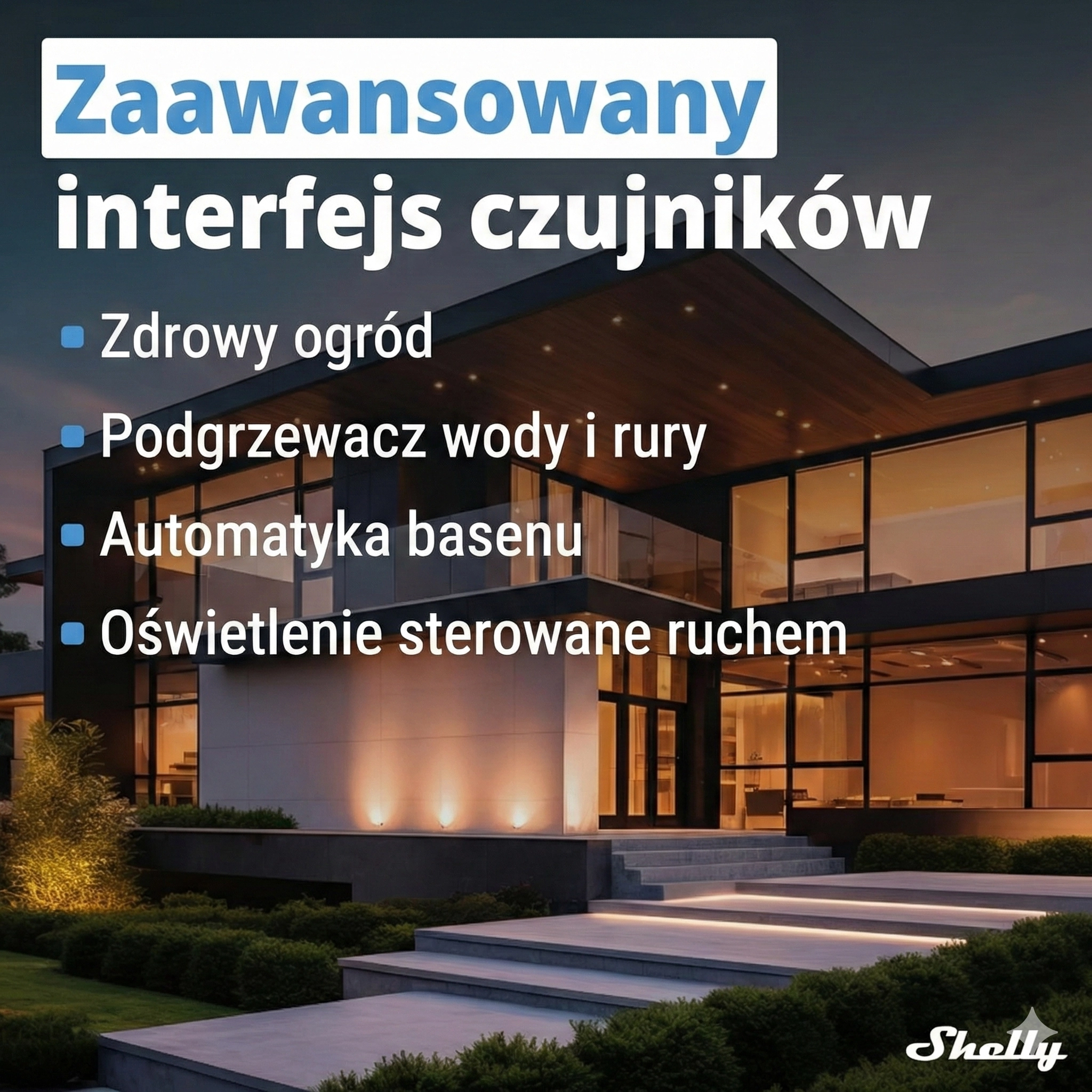 Nowoczesny dom z zaawansowaną instalacją, podświetleniem i systemem sterowania ruchem. W tle ogród i basen