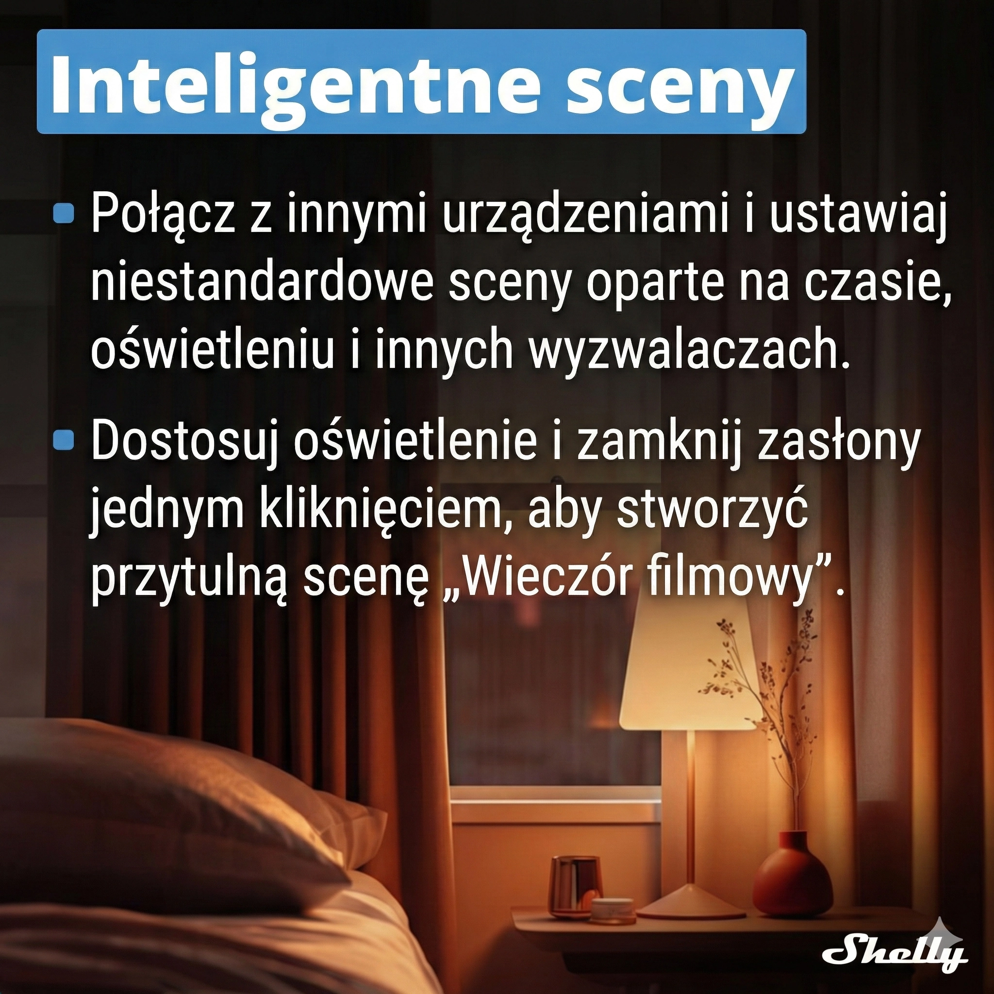 Wnętrze salonu z ciepłym oświetleniem, z zasłonami i lampą na stoliku nocnym