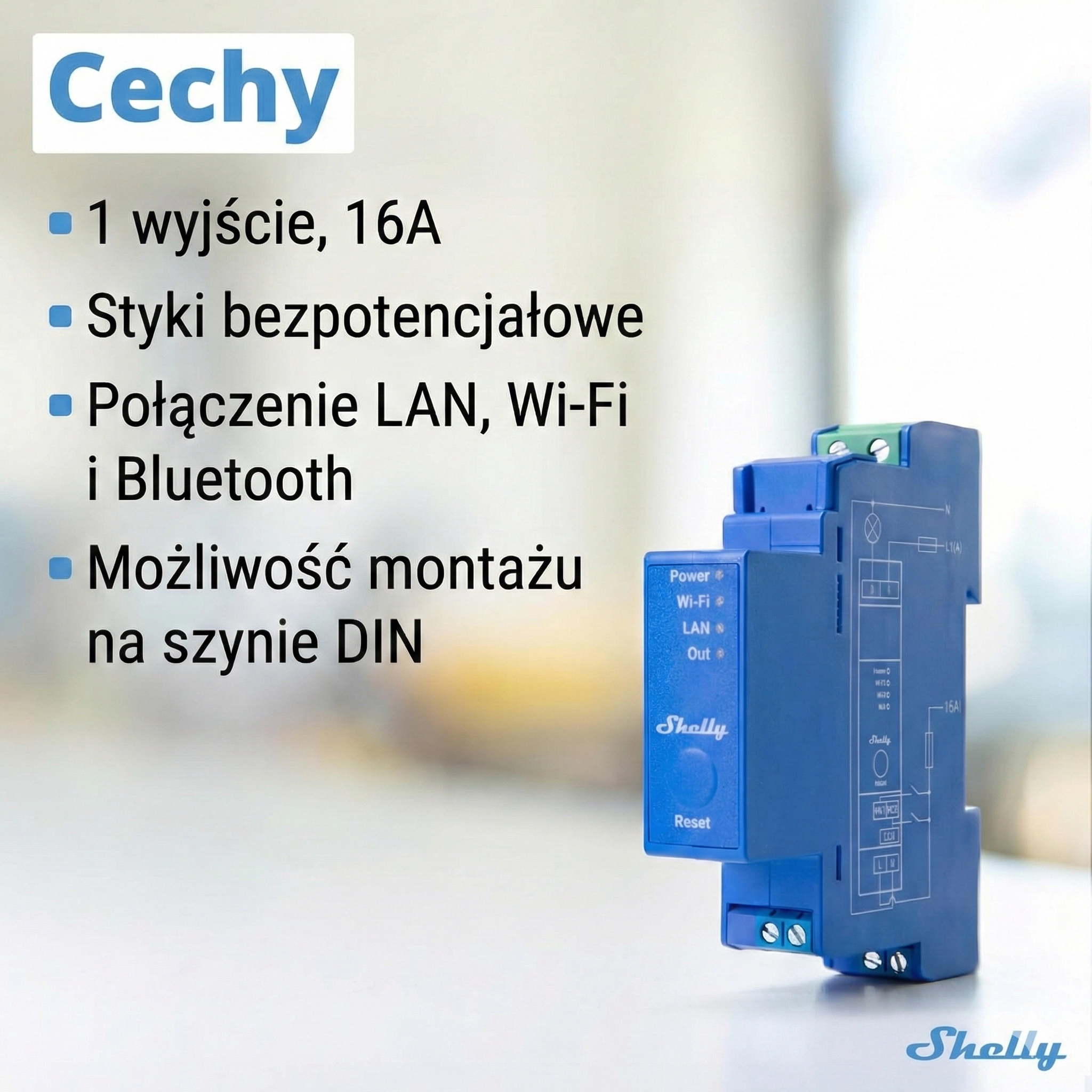 Niebieski moduł Shelly Pro 1PM umieszczony na szynie DIN. Tło rozmyte