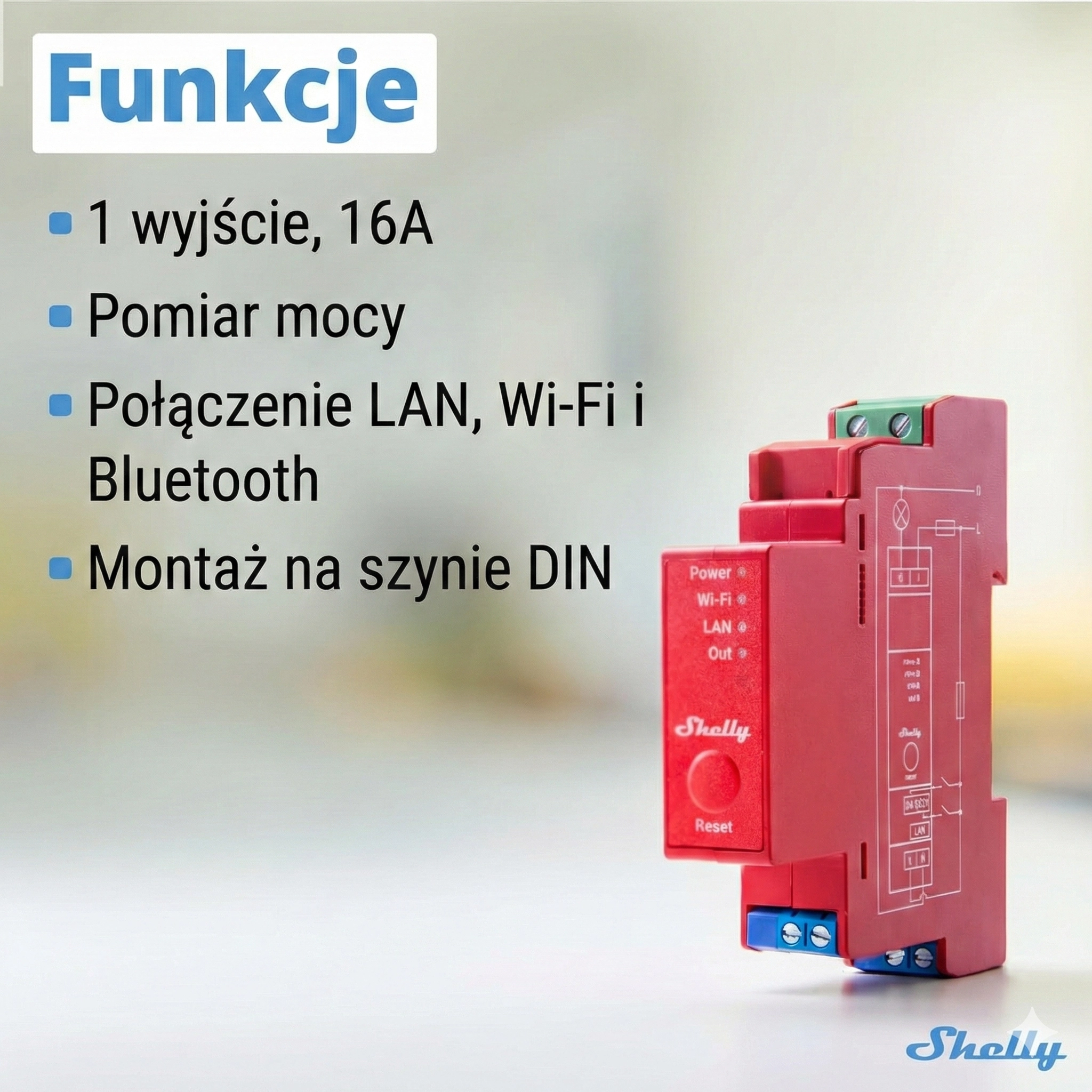 Moduł Shelly Pro 1PM na blacie, z jasnym tłem, prezentujący swoje funkcje, takie jak połączenie Wi-Fi i LAN