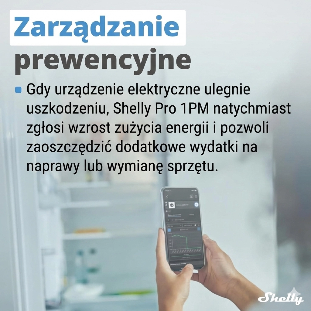 Osoba używająca telefonu komórkowego do zarządzania urządzeniem elektrycznym za pomocą Shelly Pro 1PM, na ekranie wyświetlany jest zużycie energii