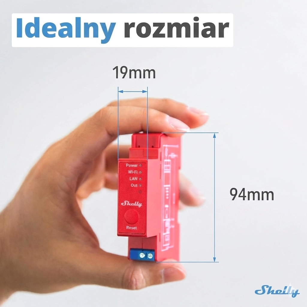 Moduł Shelly Pro 1PM trzymany w ręce, z zaznaczonymi wymiarami, ukazującymi jego kompaktowy rozmiar do montażu