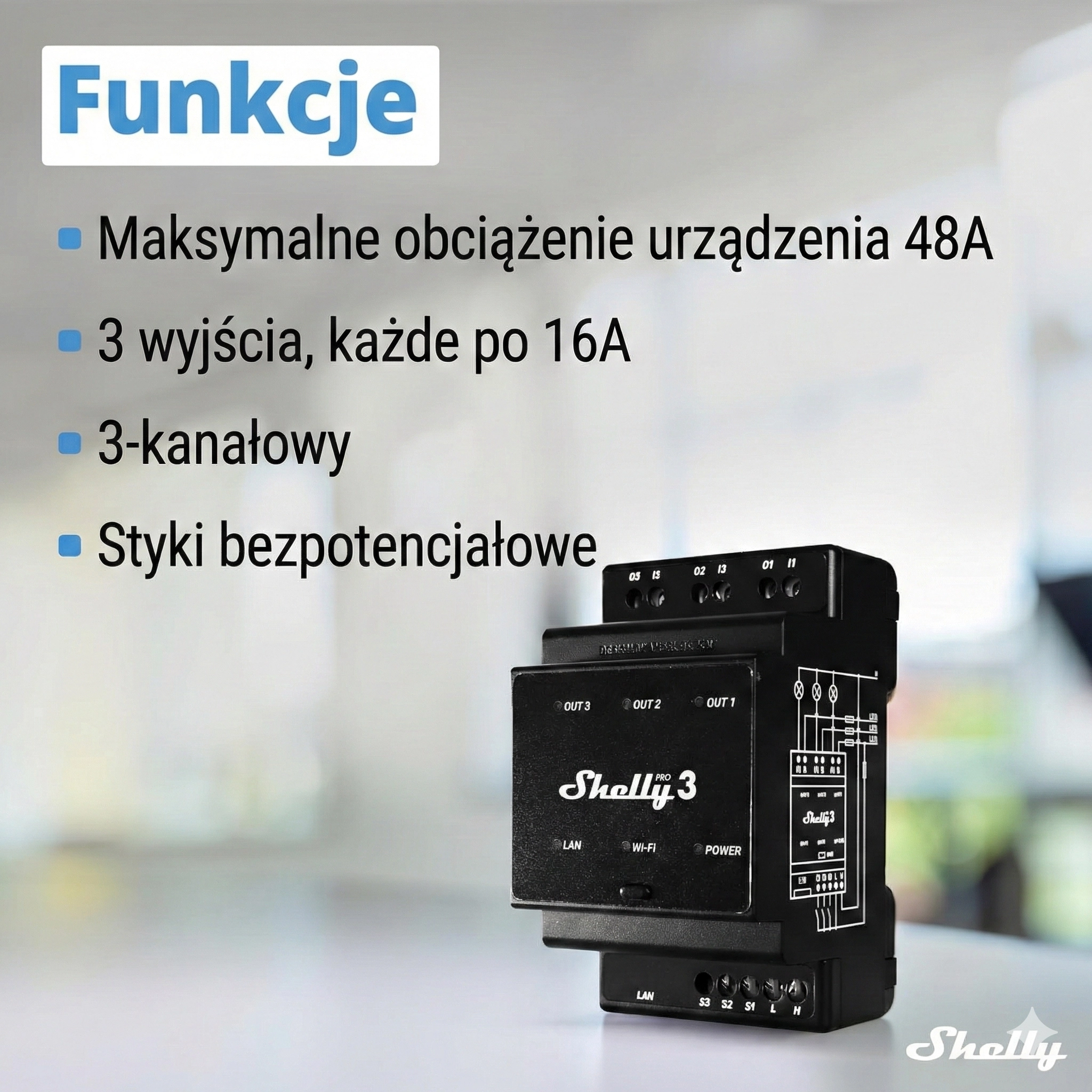 Shelly Pro 3 trzykanałowy przekaźnik na szynę DIN