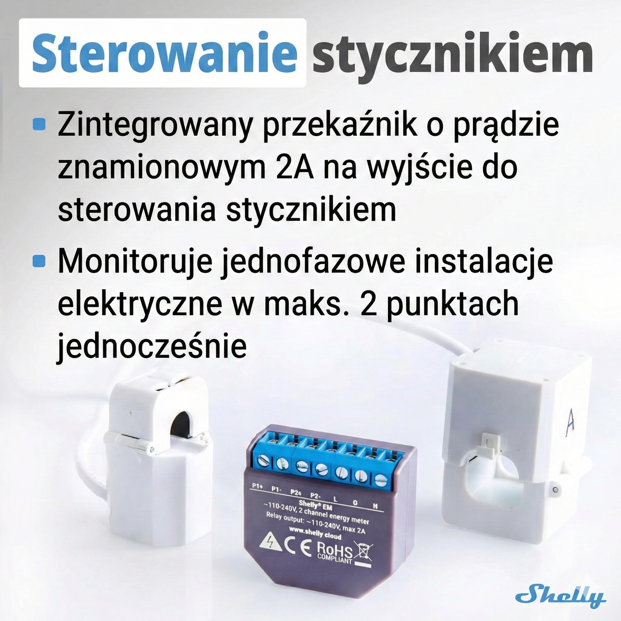 Shelly EM z systemem sterowania stycznikiem, widoczny na tle sprzętu elektrycznego