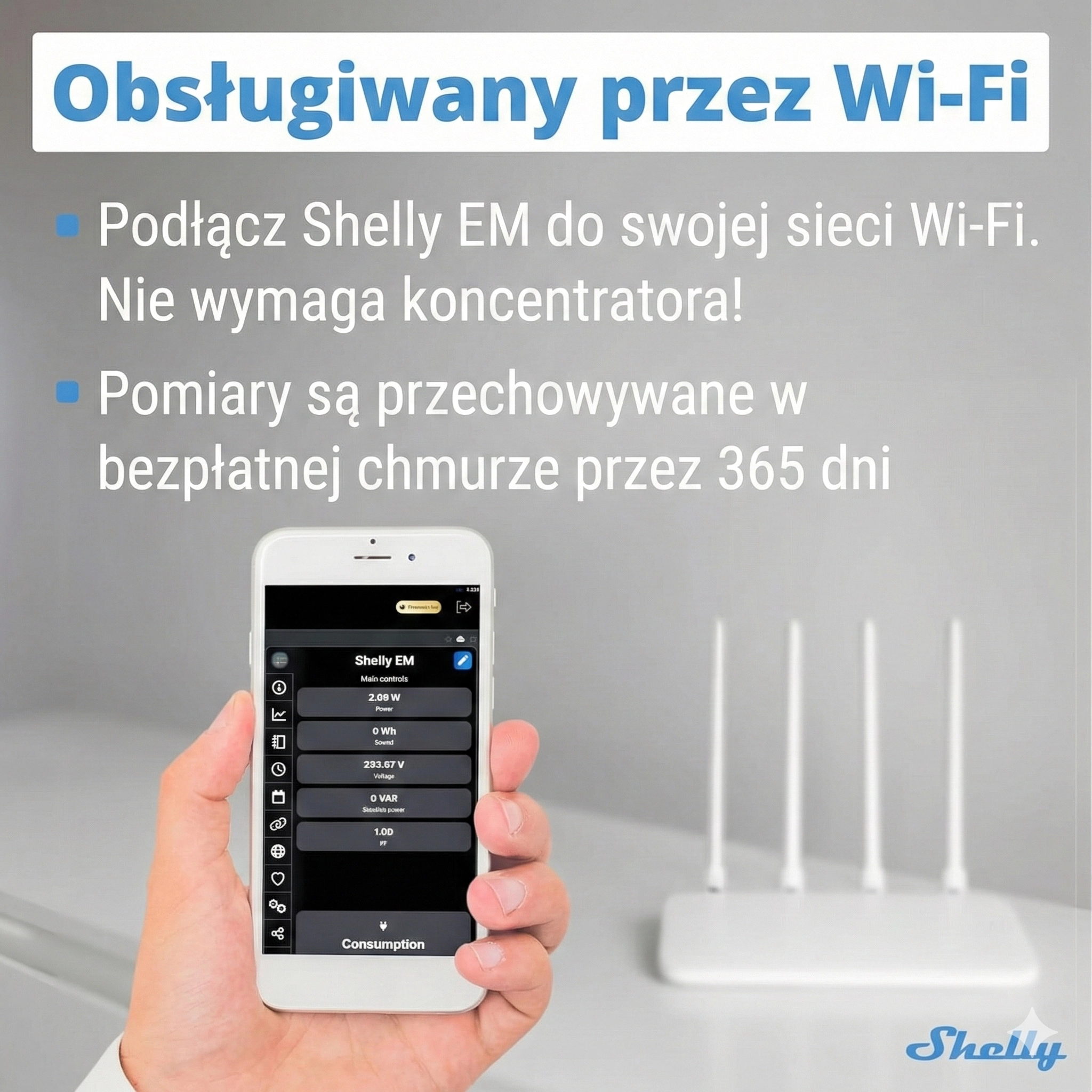 Ręka z widoczną aplikacją na telefonie pokazującą pomiar zużycia energii, w tle router