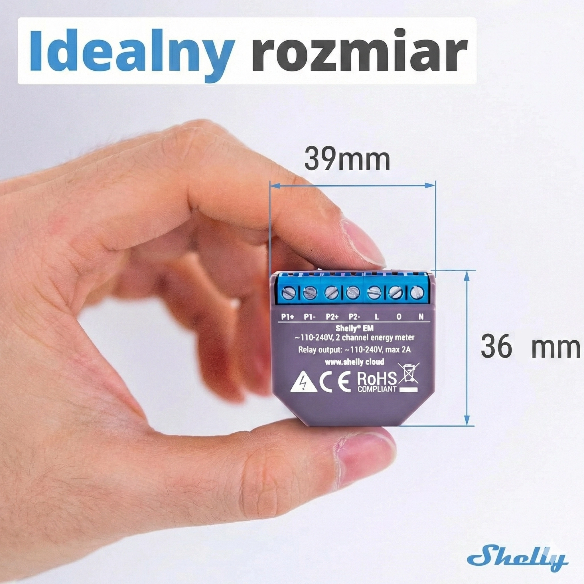Shelly EM trzymany w ręce z widokiem na porty urządzenia, z wyraźnie widocznymi oznaczeniami