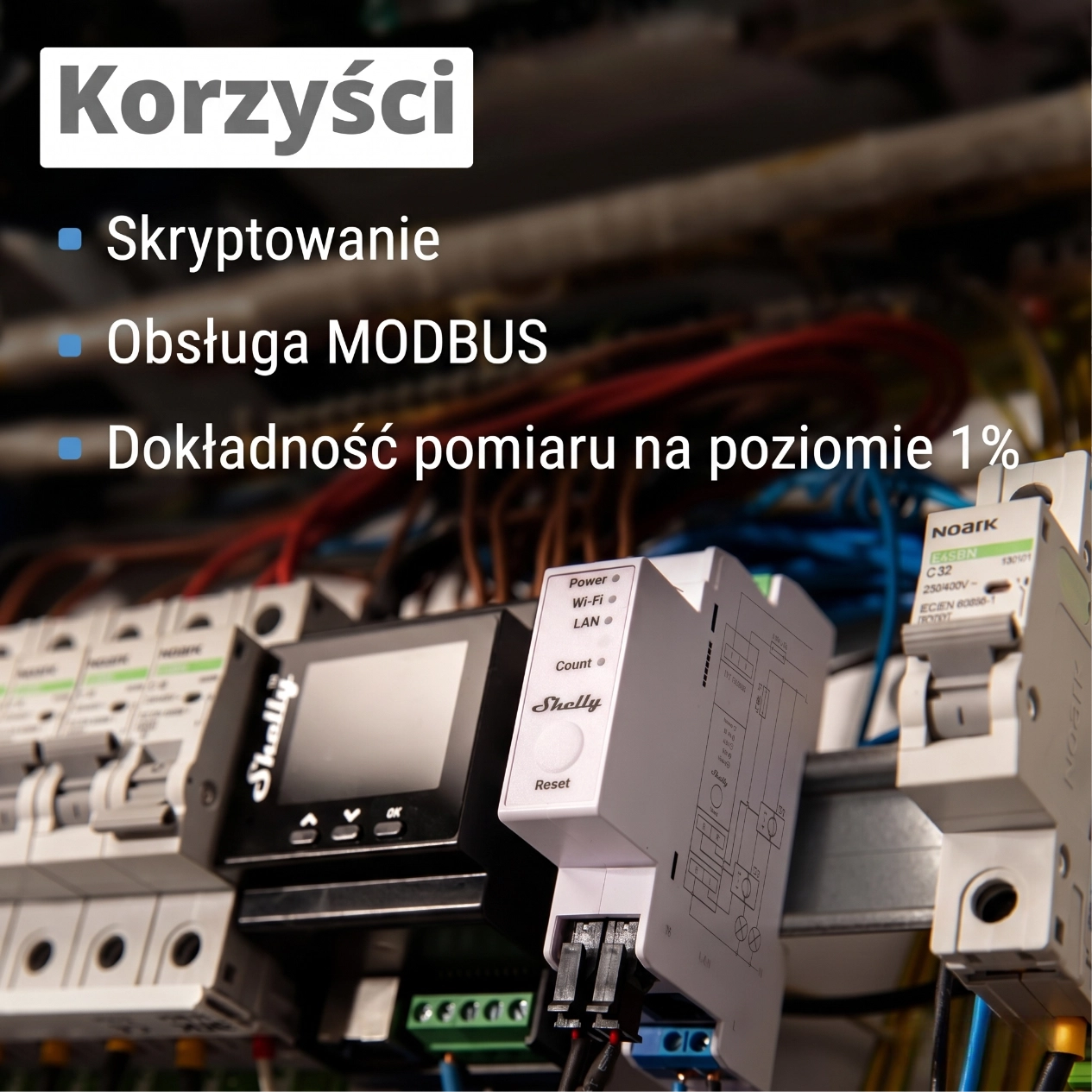 Shelly Pro 3EM z podłączonymi przewodami, pokazujący pomiar energii w rozdzielni elektrycznej z detalami technicznymi na wyświetlaczu