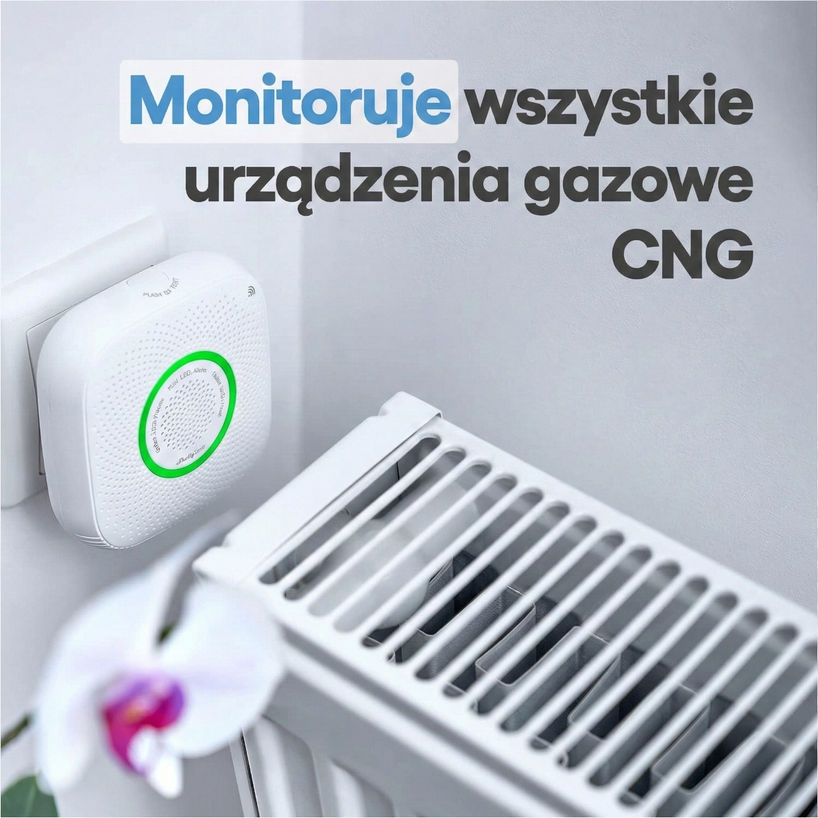 Czujnik gazu Shelly zamontowany w gniazdku przy kaloryferze, z widoczną aplikacją na telefonie do monitorowania gazu