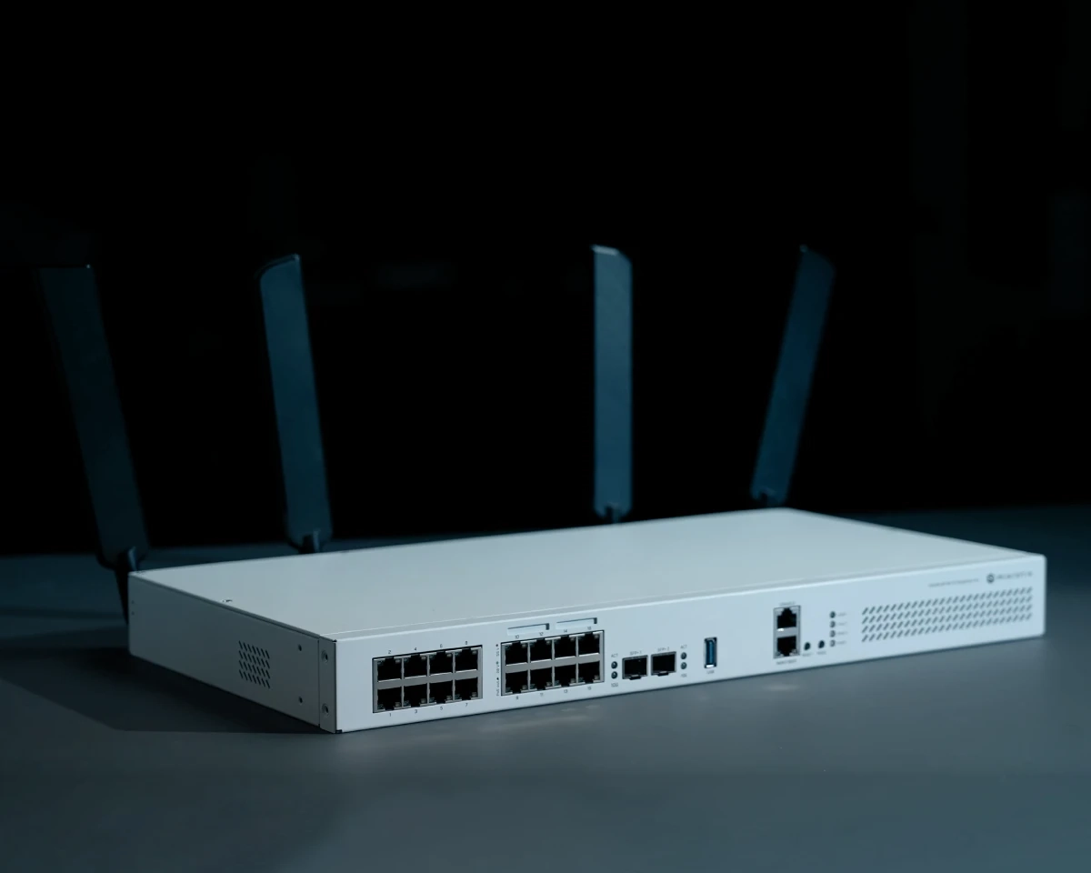 Switch branco sobre fundo escuro, portas Ethernet vis&iacute;veis, antenas viradas para cima