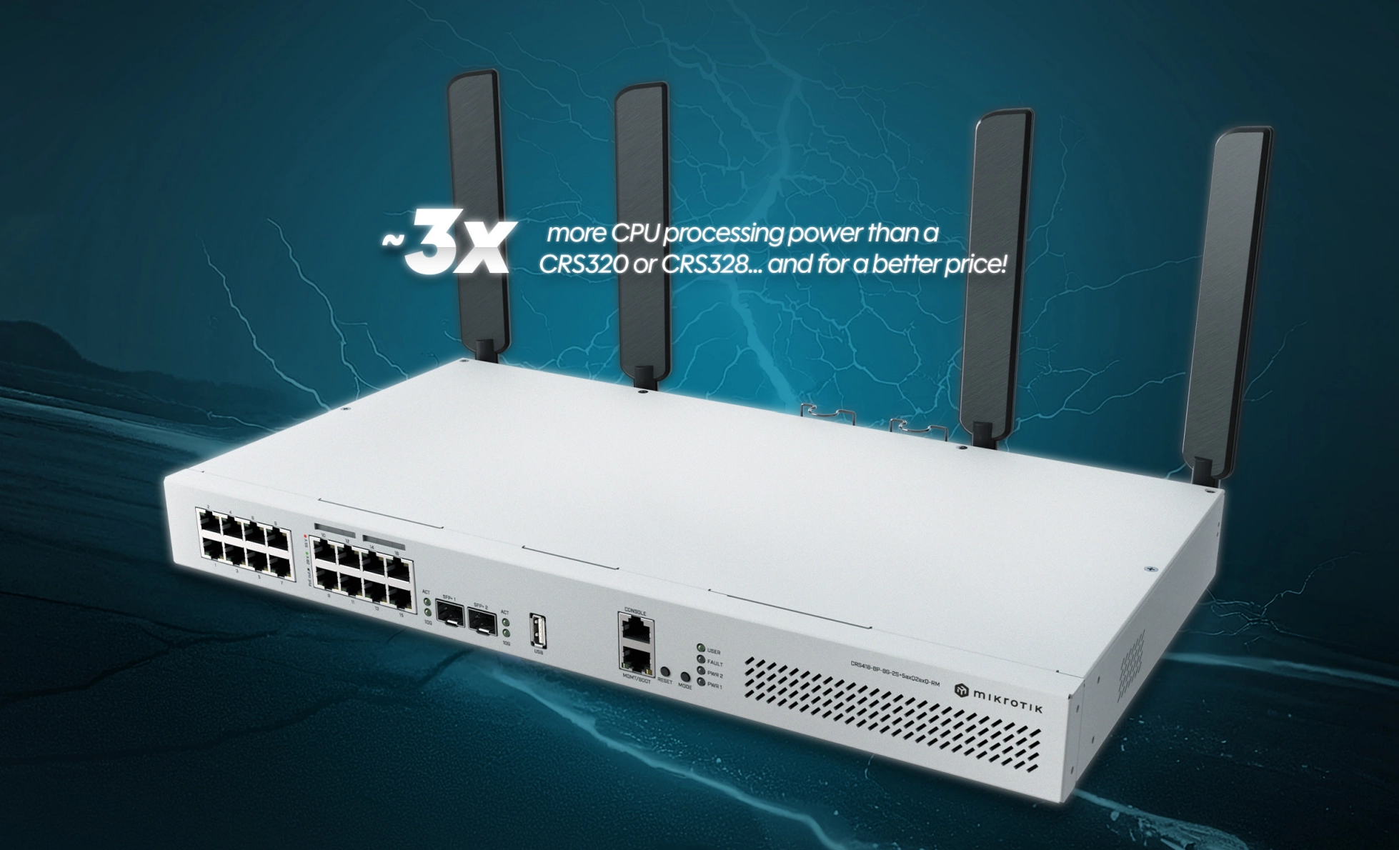 Interruptor com antenas sobre um fundo azul escuro, portas vis&iacute;veis no painel frontal