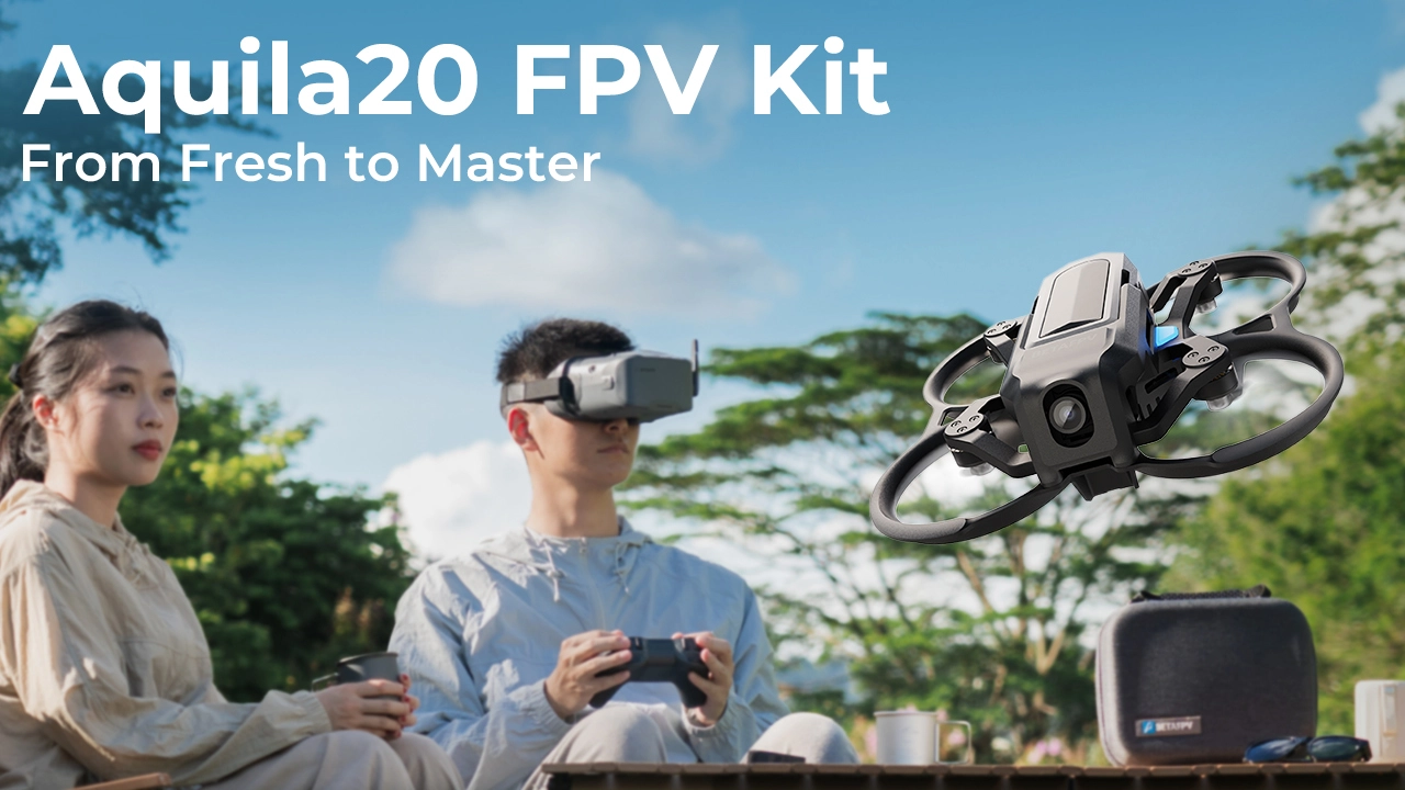 Dron BetaFPV Aquila20 w locie, unoszący się nad osobą w goglach VR