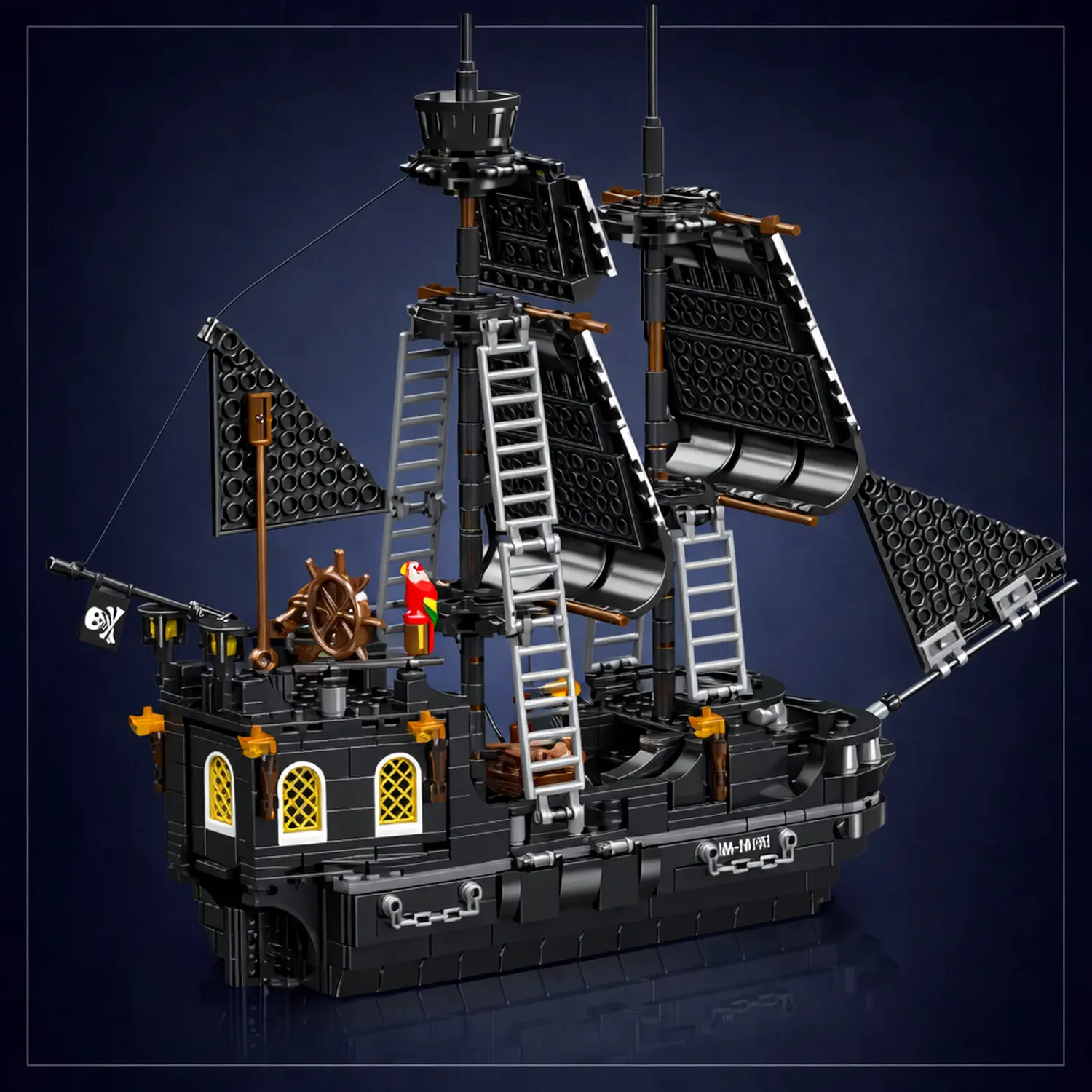 Model of a pirate ship with a view of the sails, steering wheel, and parrot