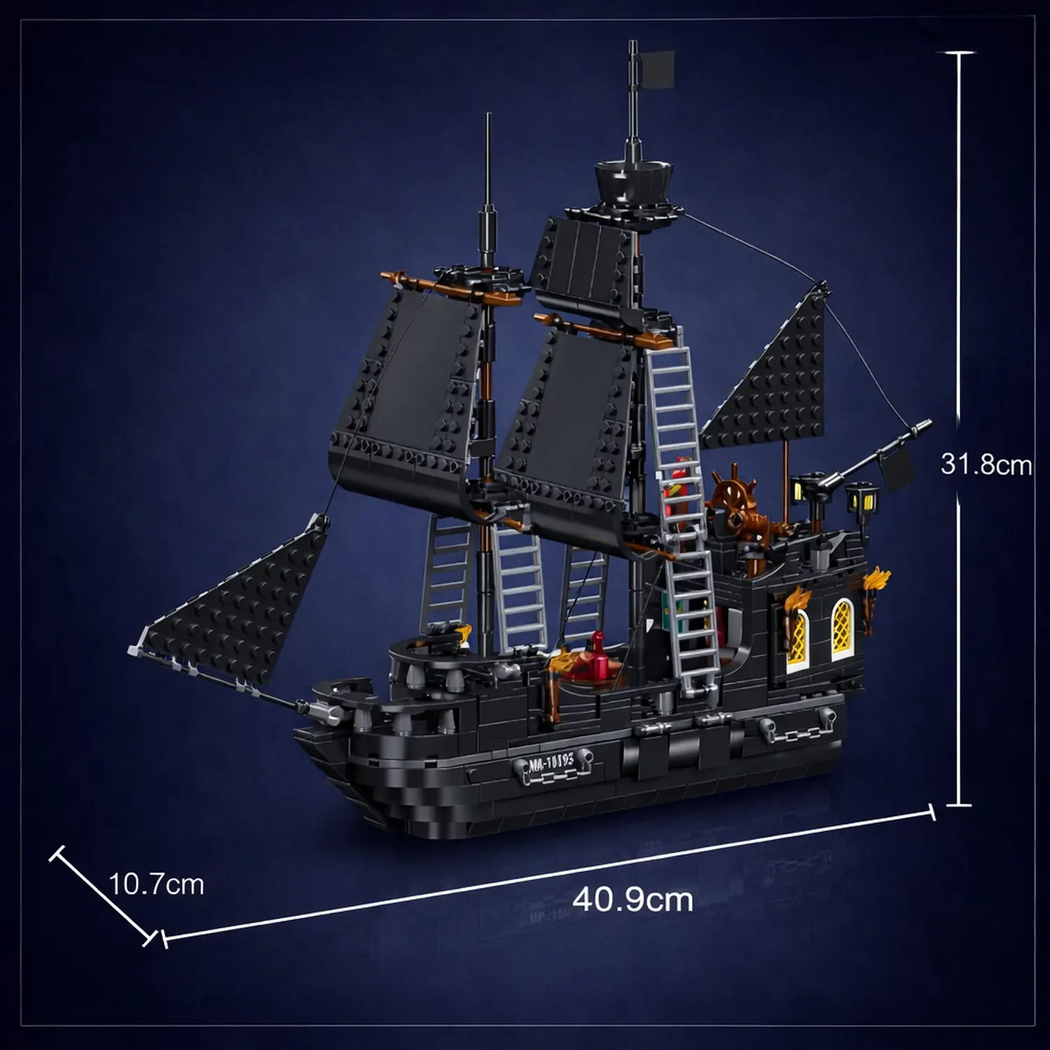 Dimensions of the ship model, with details against a dark background