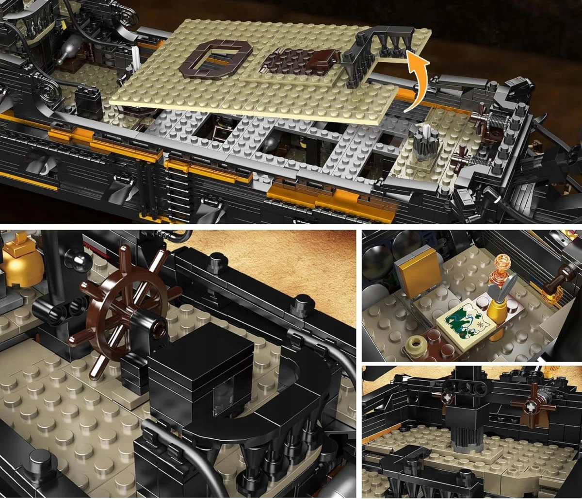 Colagem de detalhes do modelo do navio: conv&eacute;s principal remov&iacute;vel e close-ups do leme e cabine com um mapa n&aacute;utico