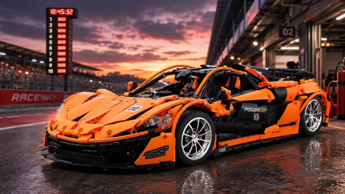 Carro esportivo de blocos laranja e preto em uma pista de corrida molhada ao pôr do sol