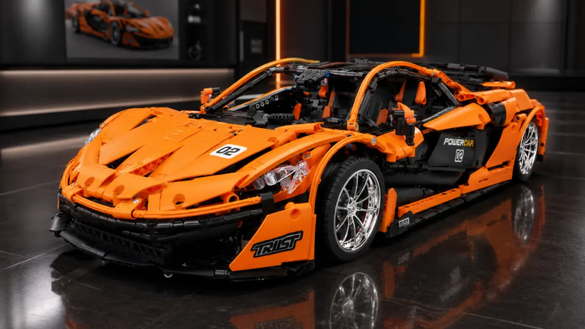 Carro esportivo de blocos laranja e preto em um piso brilhante em uma garagem escura