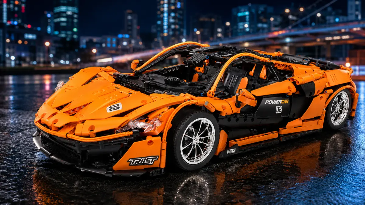 Carro esportivo de blocos laranja e preto em uma rua molhada à noite com a cidade ao fundo