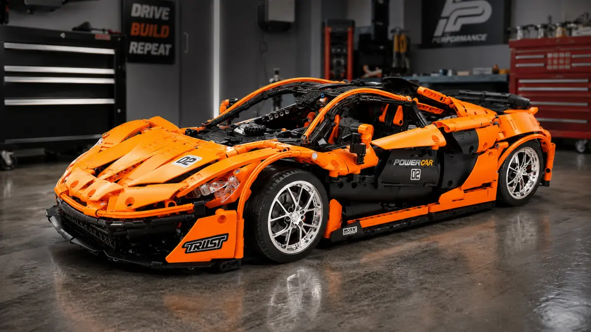 Carro esportivo de blocos laranja e preto em uma oficina com ferramentas ao fundo