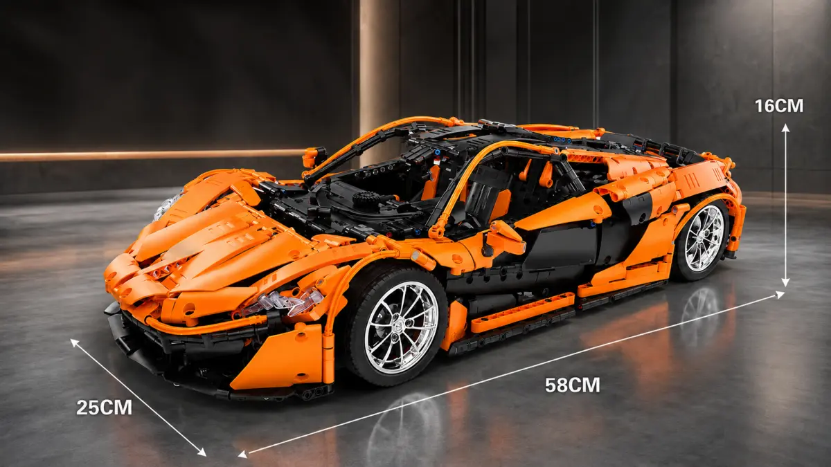 Carro esportivo de blocos laranja e preto com linhas de dimensão em fundo escuro