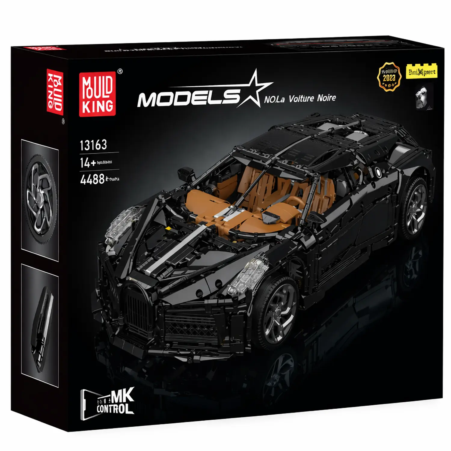 Embalagem do modelo Mould King Nola Voltaire Noire (13163), apresentando um carro esportivo preto com interior bege.