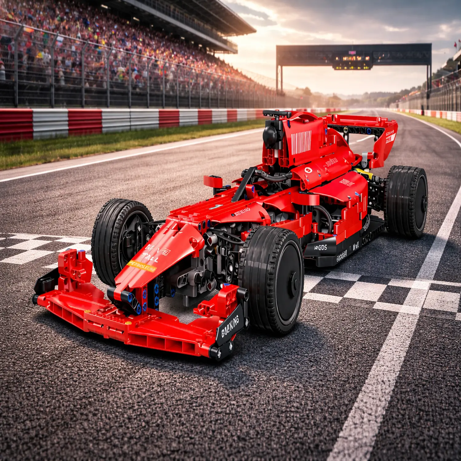Modelo vermelho de carro de corrida na pista perto da linha de partida.