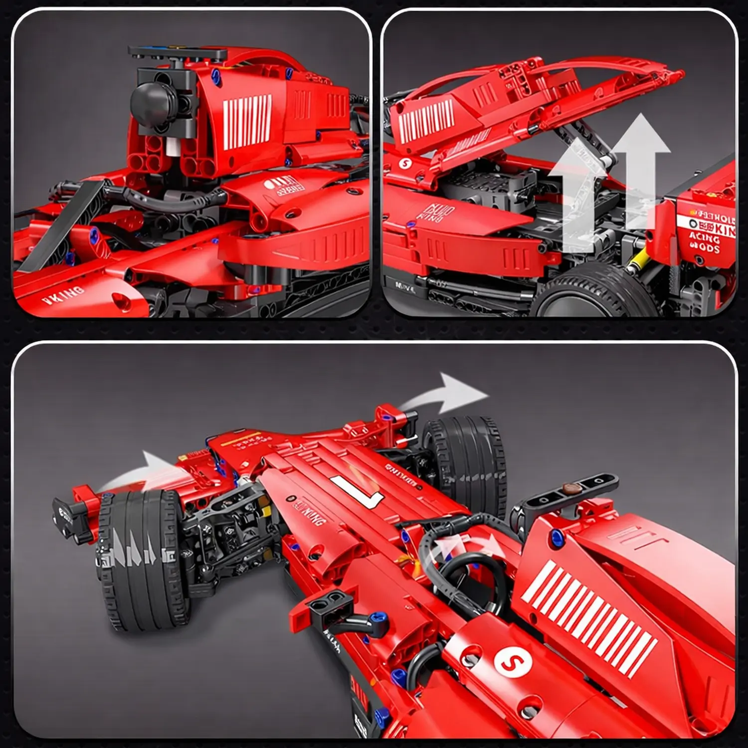 Close do modelo vermelho do carro mostrando elementos m&oacute;veis.