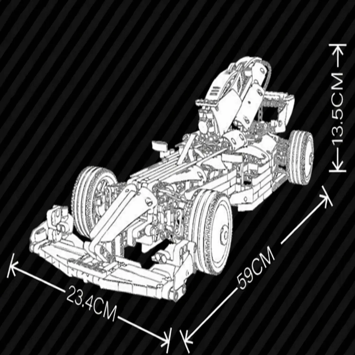 Diagrama do modelo do carro com dimens&otilde;es de comprimento, largura e altura destacadas.