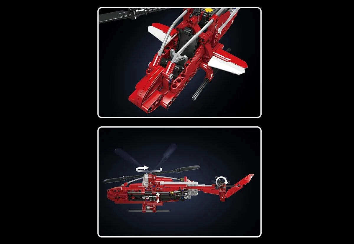 Nahaufnahme des Cockpits mit Sitzen sowie Darstellung der Funktionsweise der beweglichen Haupt- und Heckrotorblätter im Mould-King-Hubschrauber