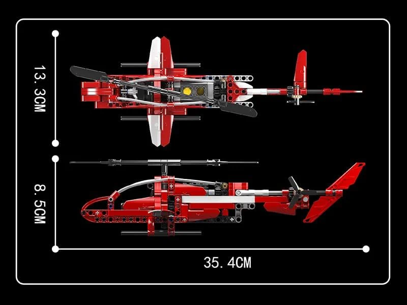 Ansichten des Hubschraubermodells 24022 von oben und von der Seite, die seine Maße und Proportionen der Bausteinkonstruktion zeigen