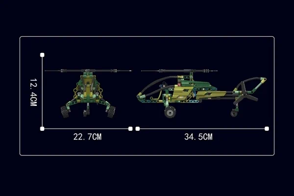 Схема размеров модели вертолёта из блоков: высота 12,4 см, ширина 22,7 см и длина 34,5 см