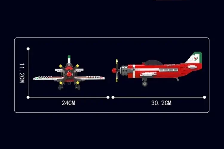 Dimensões do modelo de avião de blocos: altura 11,2 cm, envergadura 24 cm e comprimento 30,2 cm