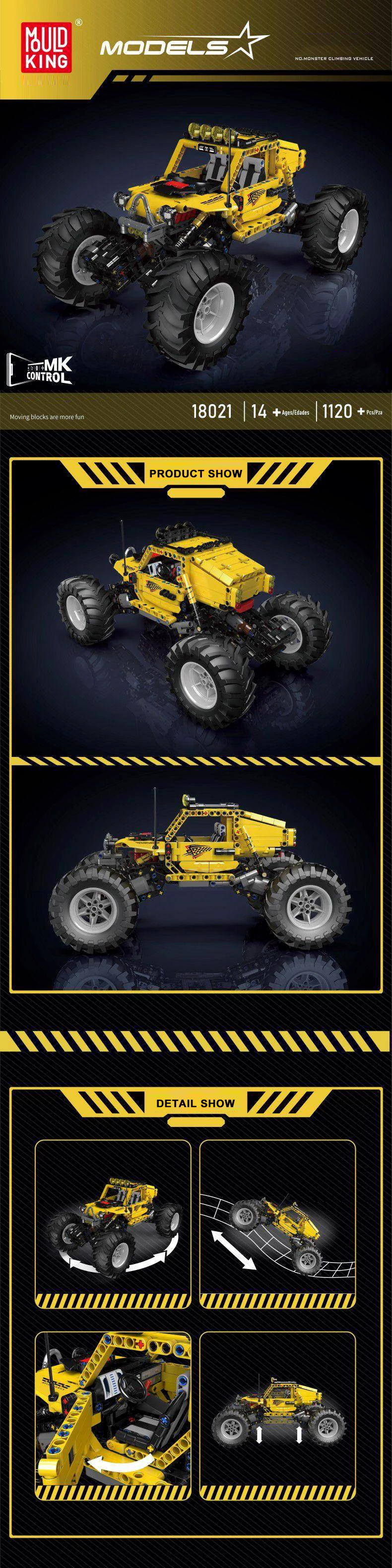 Collage que presenta el modelo de coche todoterreno amarillo, sus detalles, elementos móviles del chasis y el interior de la cabina