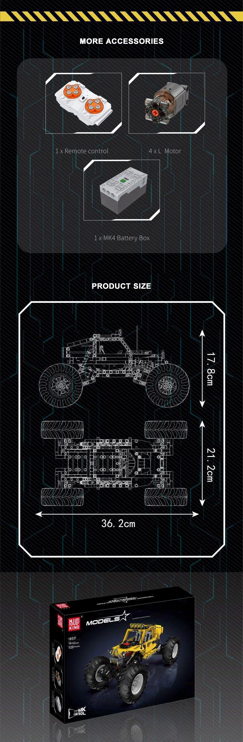 Gráfica con accesorios de control, dimensiones del modelo de 36,2 por 21,2 cm y una vista de la caja del set de construcción