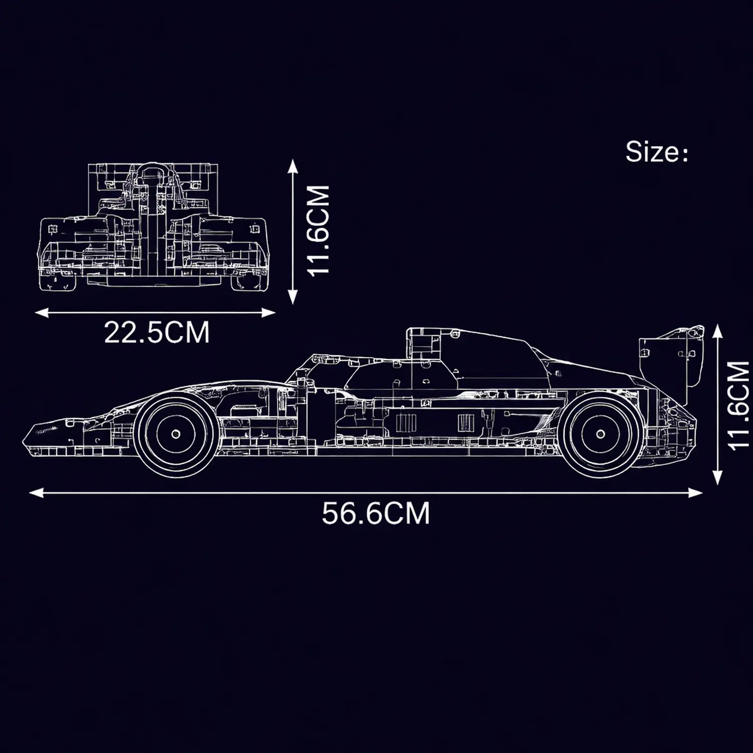 Schemat techniczny modelu bolidu F1 z klock&oacute;w z zaznaczonymi wymiarami